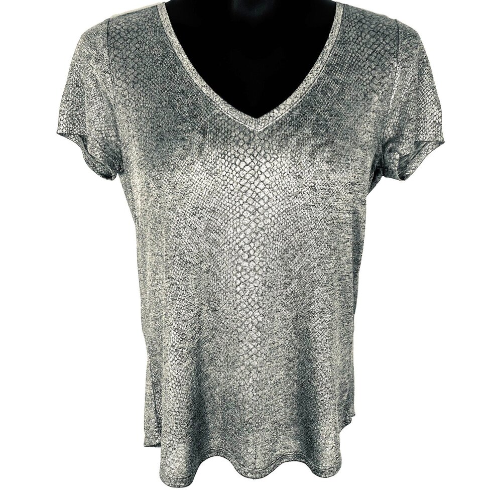 White House Black Market Tee Shirt Women's S Silver Snake Print V-Neck Short Slv
